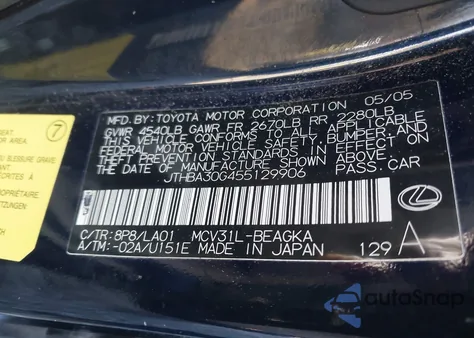 2005 Lexus Es 330 from USA, damaged, VIN JTHBA30G455129906
